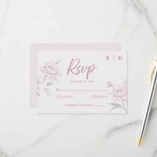Elegante gedempte Dusky Pink Peony Wedding RSVP Ka (Voorkant / Achterkant in situ)
