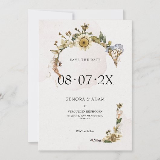 Elegante Gedroogde Bloemenkrans Bruiloft Save The Date (Voorkant)