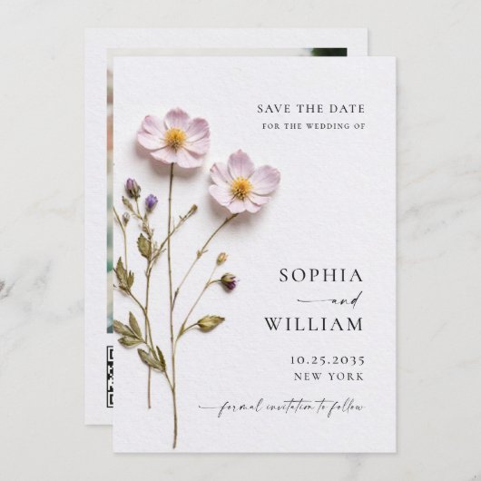 Elegante gedrukte geperste pastel boho bloemen bru save the date (Voorkant / Achterkant)