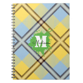 Elegante Geel Blauw Geruit Tartan Monogram Schrift Notitieboek