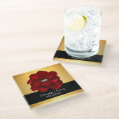 Elegante Geel Goud & Zwarte Rode Bloem Bruiloft Glazen Onderzetter (Schuin)