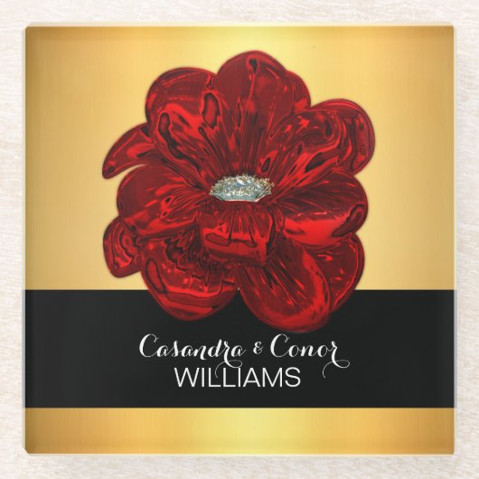 Elegante Geel Goud & Zwarte Rode Bloem Bruiloft Glazen Onderzetter (Voorkant)