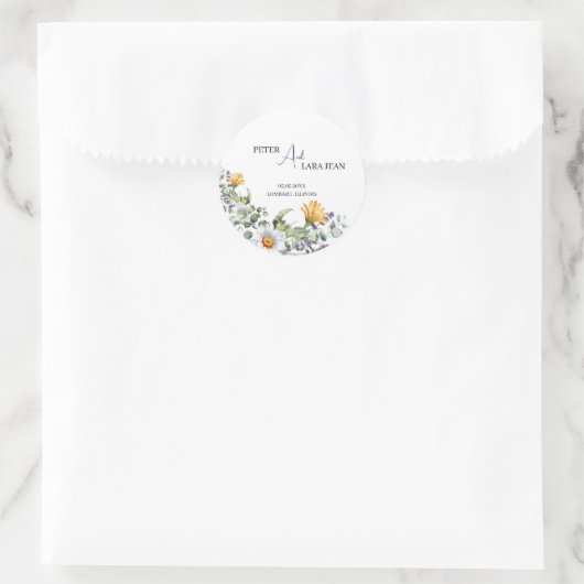 Elegante geel Paarse Wildflower bruiloft Ronde Sticker (Tas)