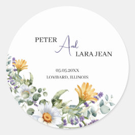 Elegante geel Paarse Wildflower bruiloft Ronde Sticker