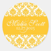 Elegante Geel Wit Damast Huwelijksgunst Ronde Sticker (Voorkant)