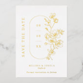 Elegante geëtste bloementrouwfoto Sla de datum op Folie Uitnodiging (Voorkant)