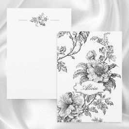 Elegante gegraveerde B&W Bloemen w/Name of Monogra Notitiekaartje