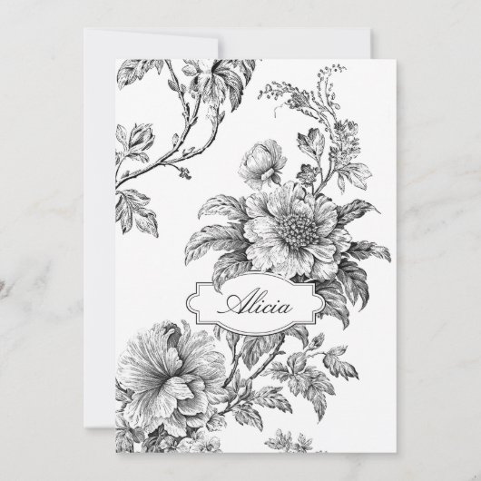 Elegante gegraveerde B&W Bloemen w/Name of Monogra Notitiekaartje (Achterkant)