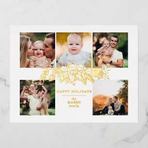 Elegante gegraveerde gouden kerst bloemstuk 5-foto folie feestdagen briefkaart