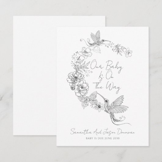 Elegante geïllustreerde bloemenkrans zwangerschap aankondiging (Voorkant / Achterkant)