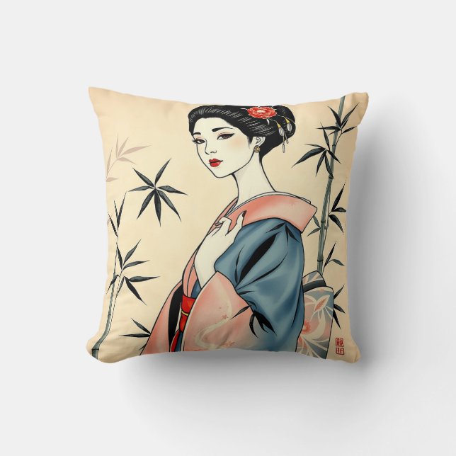 Elegante Geisha met bamboe en inkt patronen Kussen (Voorkant)