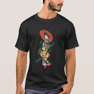 Elegante geisha met bloemenkimono parasol t-shirt