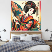 Elegante Geisha met Fan in Ukiyo-e Art Canvas Afdruk (Insitu (Slaapkamer))