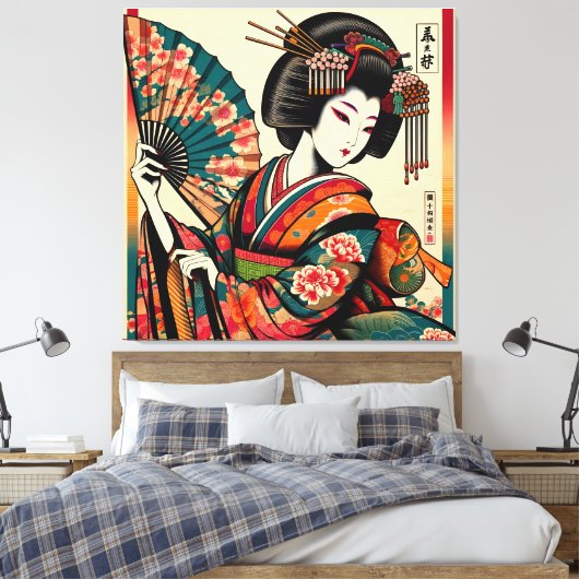 Elegante Geisha met Fan in Ukiyo-e Art Canvas Afdruk (Insitu (Slaapkamer))