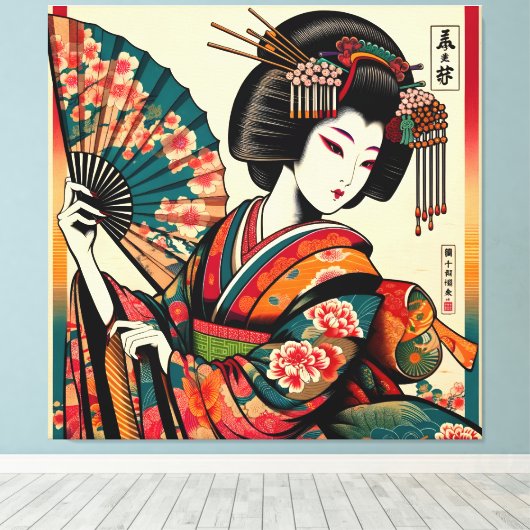 Elegante Geisha met Fan in Ukiyo-e Art Canvas Afdruk (Insitu (Houten vloer))