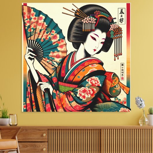 Elegante Geisha met Fan in Ukiyo-e Art Canvas Afdruk (Insitu (Woonkamer))