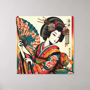 Elegante Geisha met Fan in Ukiyo-e Art Canvas Afdruk