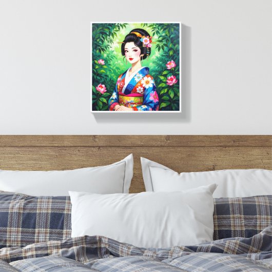 Elegante Geisha muurkunst – Floral Kimono Portret Canvas Afdruk (Insitu (Slaapkamer))