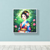 Elegante Geisha muurkunst – Floral Kimono Portret Canvas Afdruk (Insitu (Houten vloer))