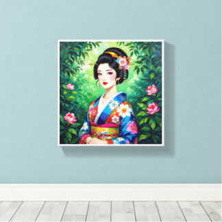 Elegante Geisha muurkunst – Floral Kimono Portret Canvas Afdruk