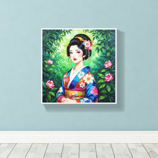 Elegante Geisha muurkunst – Floral Kimono Portret Canvas Afdruk (Insitu (Houten vloer))