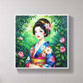 Elegante Geisha muurkunst – Floral Kimono Portret Canvas Afdruk (Voorkant)