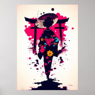 Elegante geisha onder de Torii-poort Poster