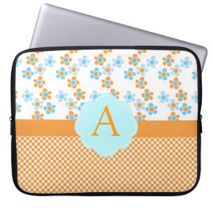 Elegante gele, blauwe bloemen monogram, initiaal laptop sleeve