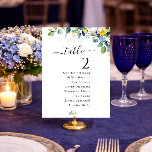 Elegante gele blauwe stoelindeling tafel nummers v