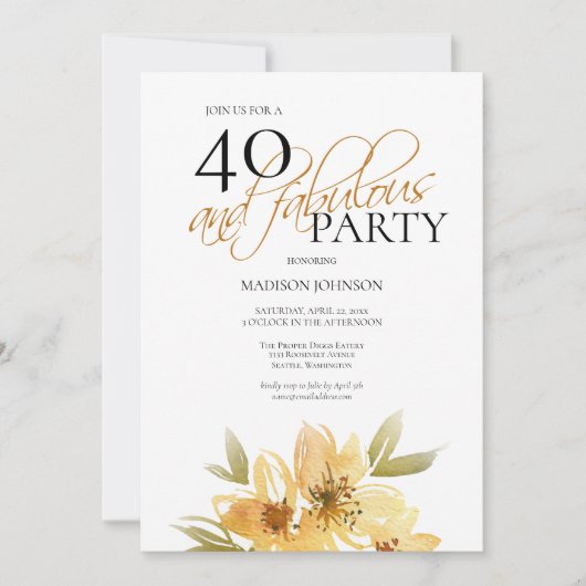 Elegante gele bloem 40 en fantastische verjaardag kaart (Voorkant)