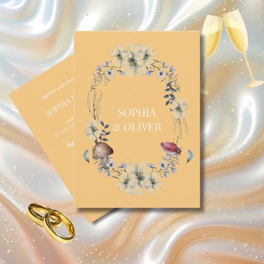 Elegante gele bloem en paddenstoel krans bruiloft kaart