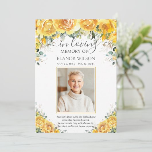 Elegante gele bloem foto begrafenis gedenkteken bedankkaart (Staand voorkant)