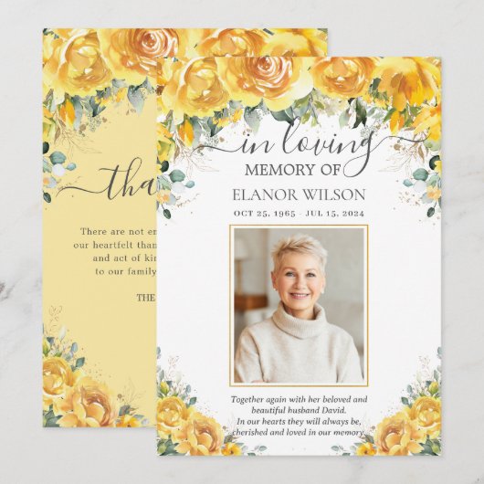 Elegante gele bloem foto begrafenis gedenkteken bedankkaart (Voorkant / Achterkant)
