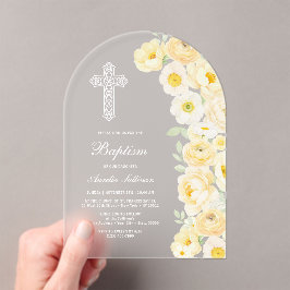 Elegante Gele Bloemen Boog Doop Acryl Uitnodigingen
