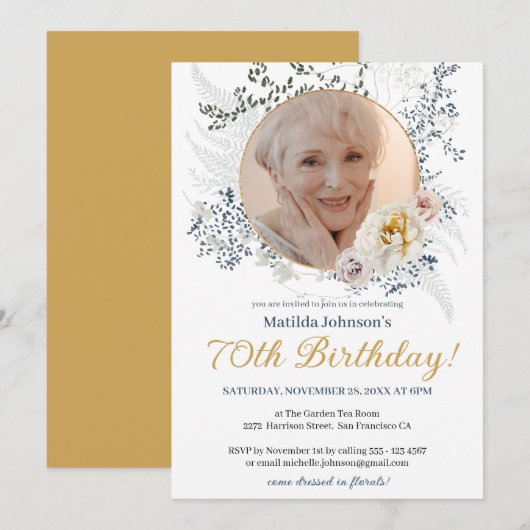 Elegante gele bloemen Custom Photo 70th Birthday Kaart (Voorkant / Achterkant)