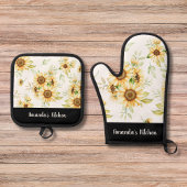 Elegante Gele Bloemen & Kraft Gepersonaliseerde Gi Ovenwant & Pannenlap Set