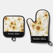 Elegante Gele Bloemen & Kraft Gepersonaliseerde Gi Ovenwant & Pannenlap Set (Voorkant)