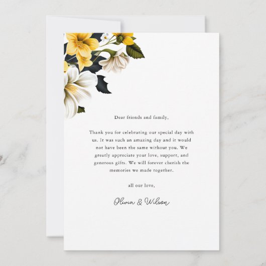 Elegante gele bloemen trouwfoto bedankkaart (Achterkant)