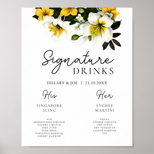 Elegante Gele Bloemen Trouwhandtekening Drinken Poster (Voorkant)