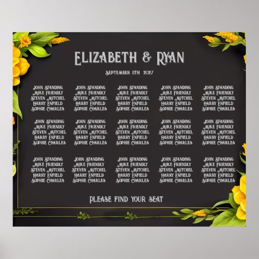 Elegante gele bloemen Trouwtafel Plan Poster (Voorkant)