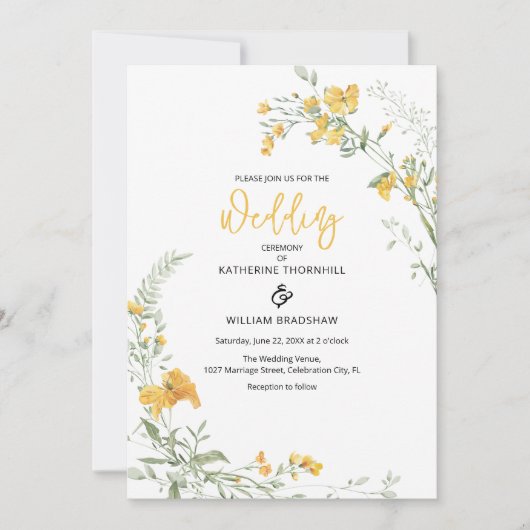 Elegante gele bloemenboho bruiloft uitnodiging (Voorkant)