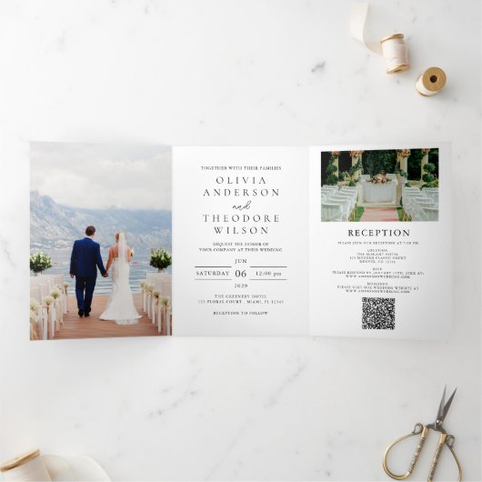 Elegante gele bloemenbruiloft alles in één QR-code Drieluik Uitnodiging (Binnen)