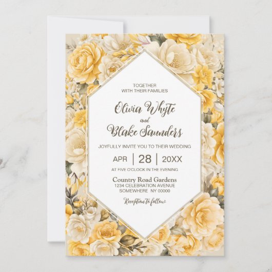 Elegante gele bloemenbruiloft kaart (Voorkant)