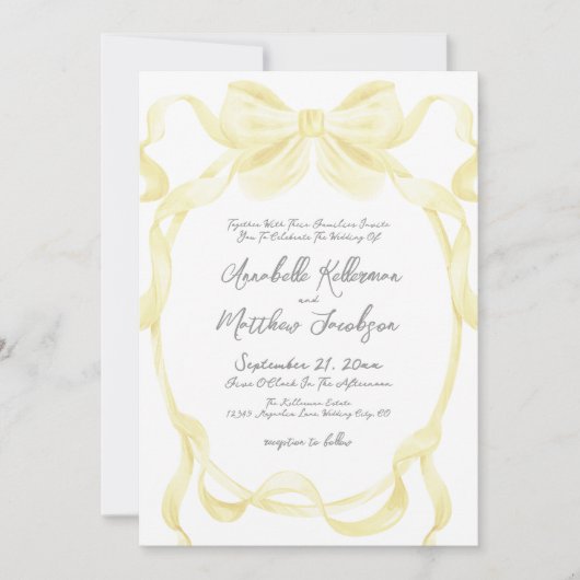 Elegante gele boog linten grillige bruiloft kaart (Voorkant)