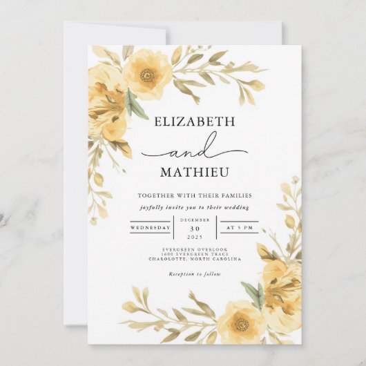 Elegante gele botanische bloementuin bruiloft kaart (Voorkant)