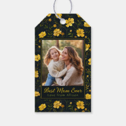 Elegante gele Buttercup Flower Foto Moederdag Cadeaulabel