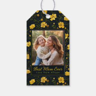 Elegante gele Buttercup Flower Foto Moederdag Cadeaulabel