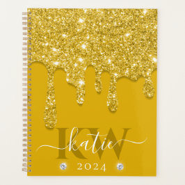 Elegante Gele Drip Glitter Monogram Planner