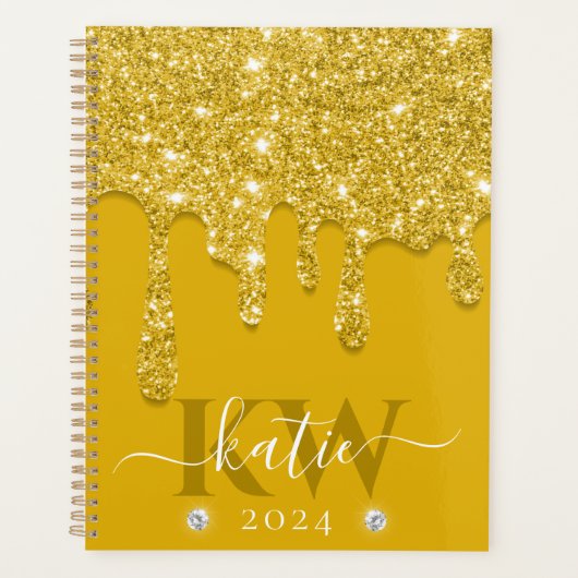Elegante Gele Drip Glitter Monogram Planner (Voorkant)