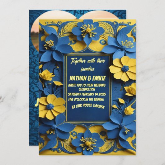 Elegante gele en blauwe huwelijksuitnodiging kaart (Voorkant / Achterkant)